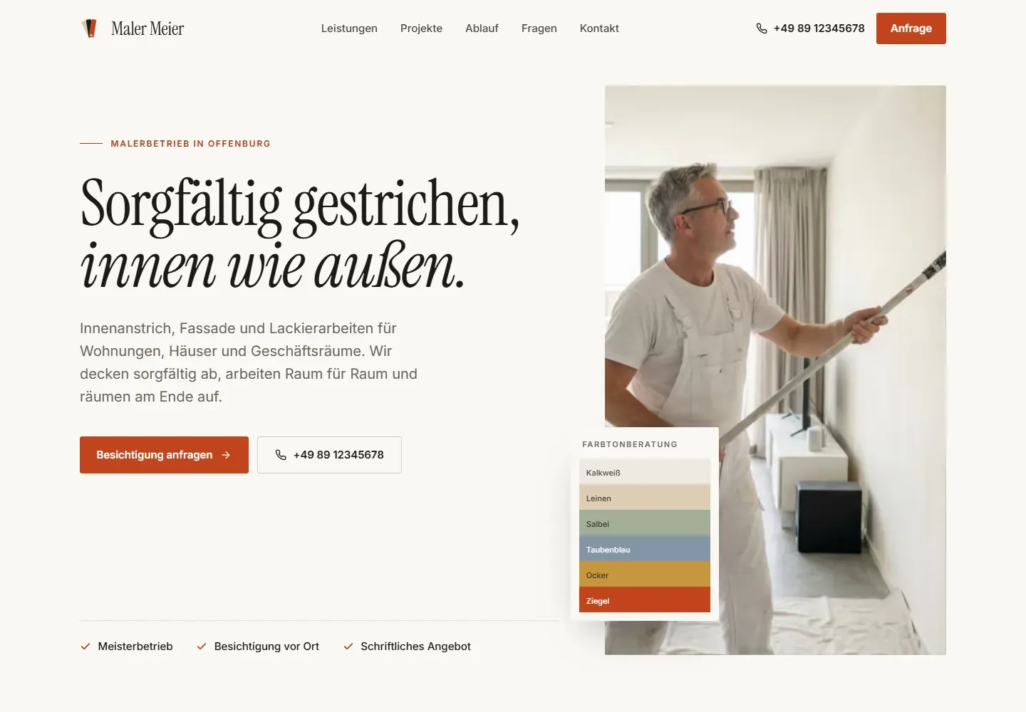 Vorschau eines fiktiven Website-Beispiels für einen Malerbetrieb